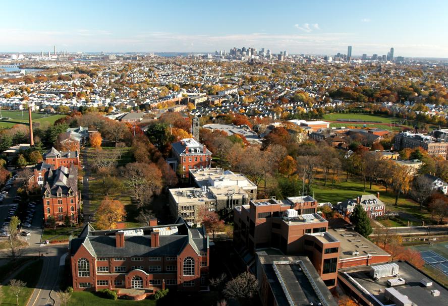 Ariel view of Tufts University and downtown Boston